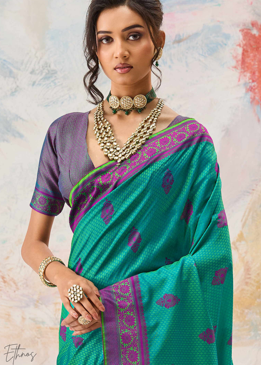 Teal Green Jacquard Kanjivaram Silk Saree ##color## Kanjivaram Saree with premium fabric and embroidery
