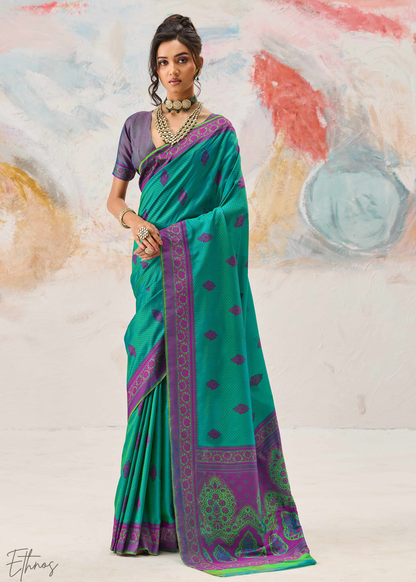 Teal Green Jacquard Kanjivaram Silk Saree 