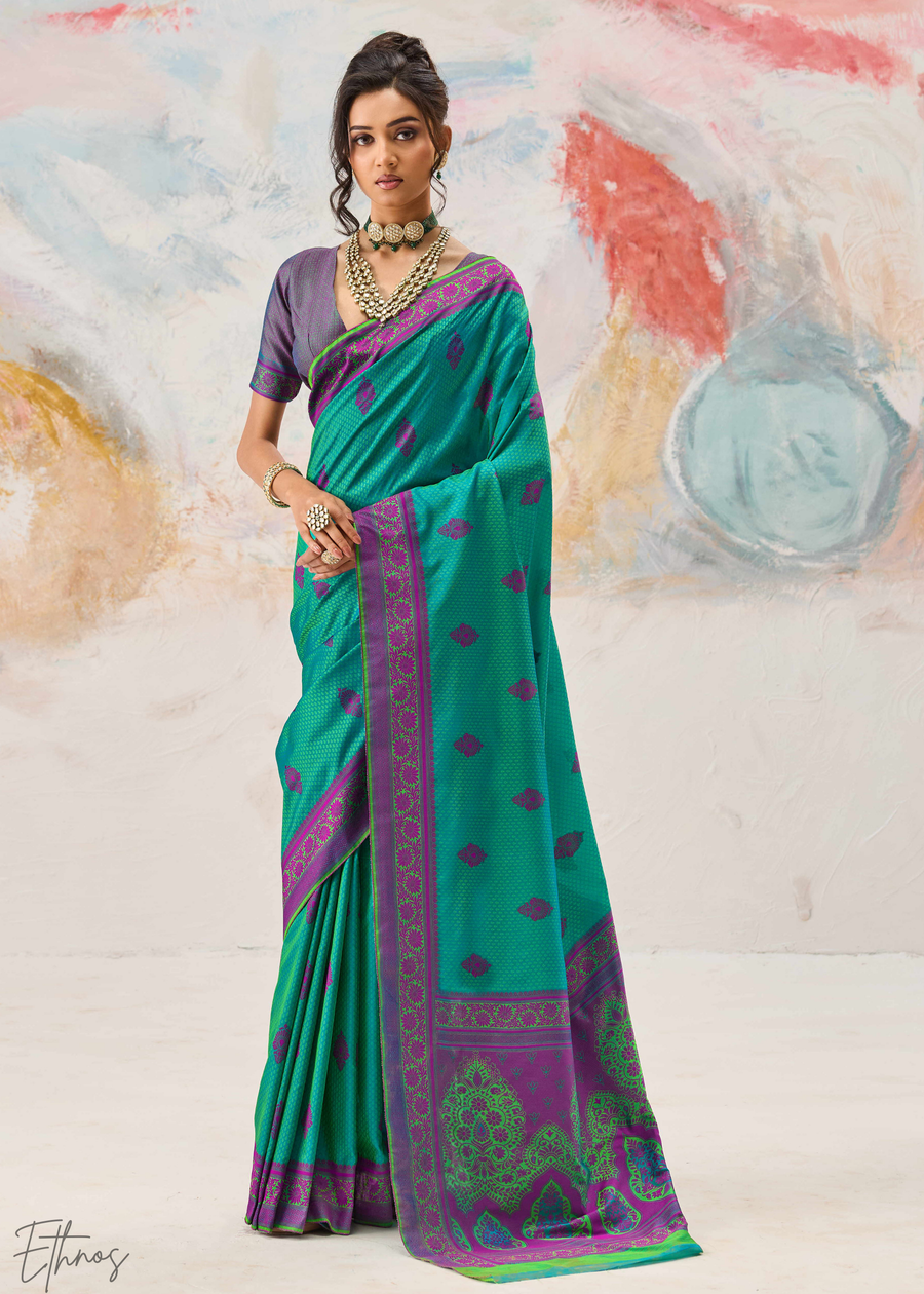 Teal Green Jacquard Kanjivaram Silk Saree ##color## Kanjivaram Saree with premium fabric and embroidery