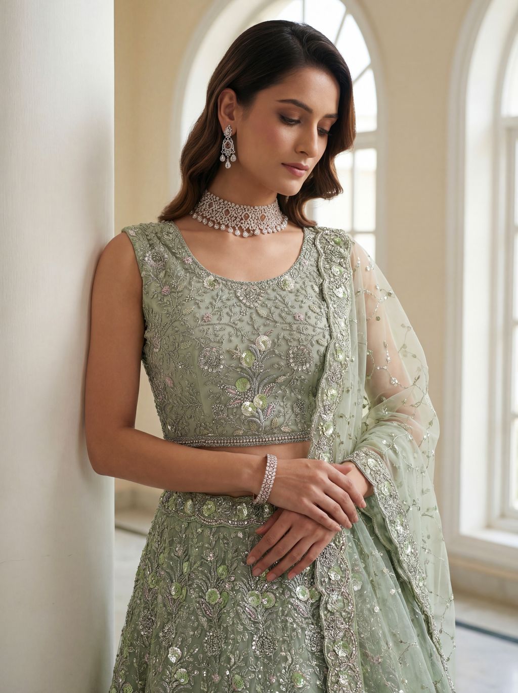Pista Pure Soft Net Heavy Embroidery Work Bridal Lehenga 