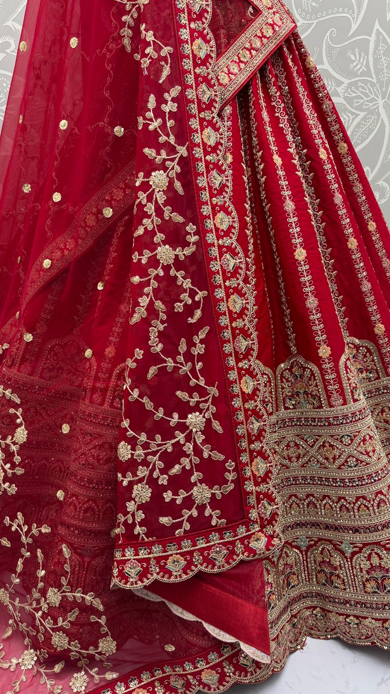 Red Pure Soft Gadhwal Silk Heavy Embroidery Work Bridal Lehenga