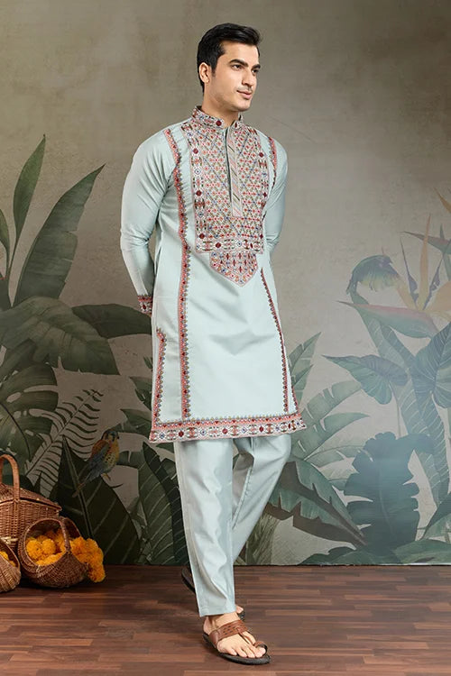 Men’s Sky Blue Embroidered Silk Kurta Pajama Set