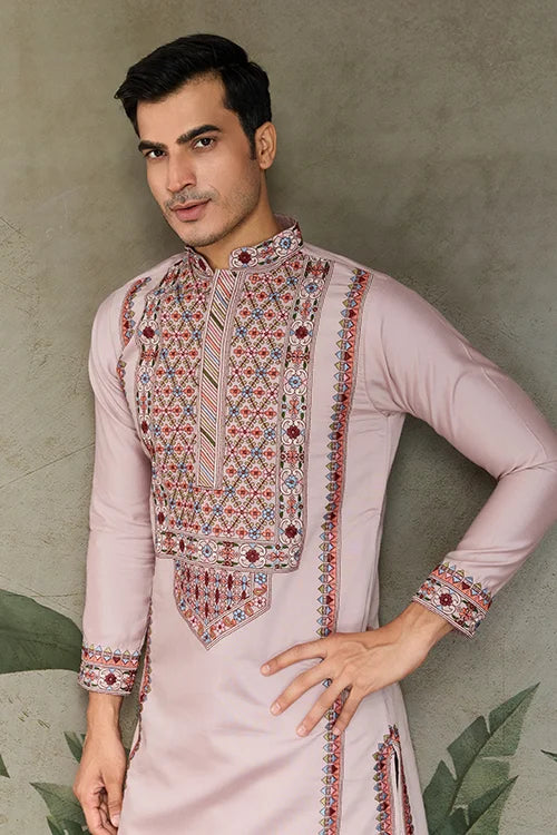 Dusty Pink Silk Embroidered Kurta Pajama for Men