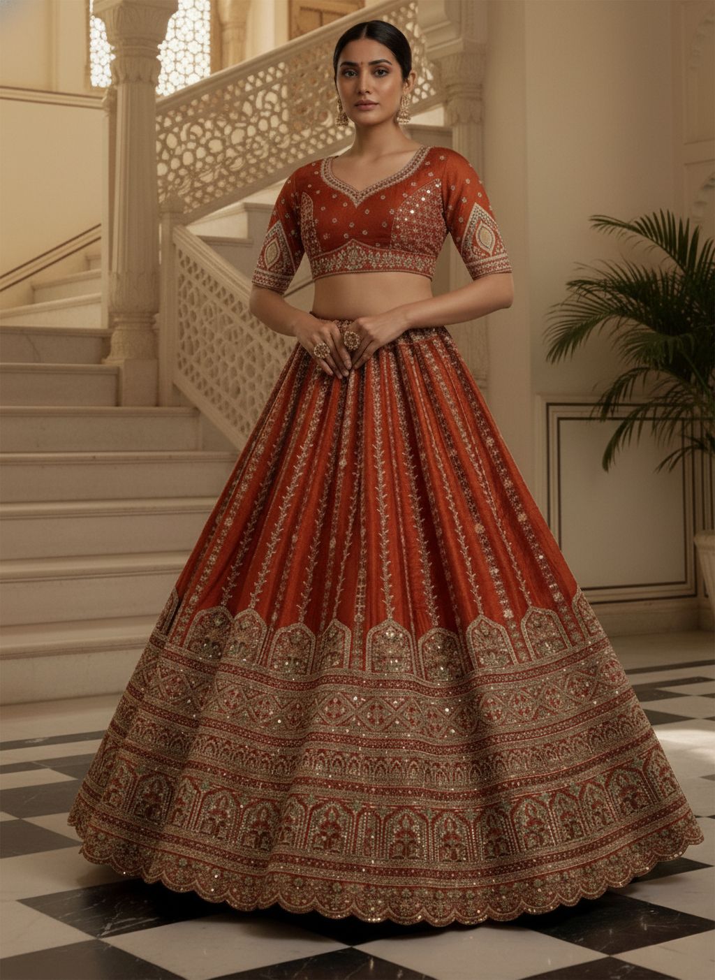 Orange Pure Soft Gadhwal Silk Heavy Embroidery Work Bridal Lehenga