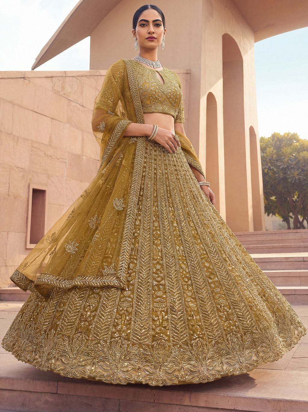 Golden Pure Soft Net Heavy Embroidery Work Bridal Lehenga ##color## Bridal Lehenga with premium fabric and embroidery