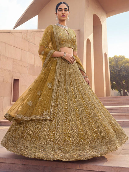 Golden Pure Soft Net Heavy Embroidery Work Bridal Lehenga 