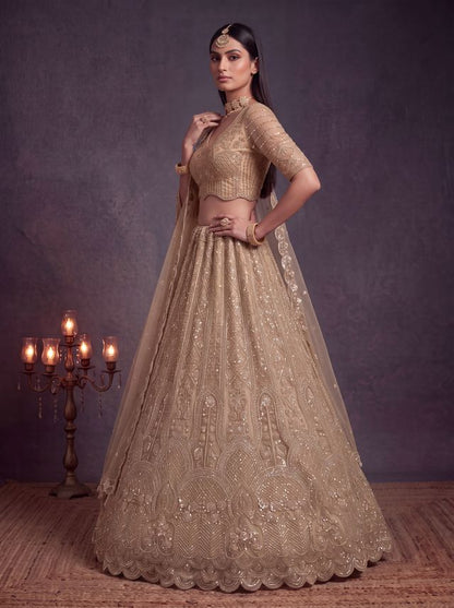 Chiku Pure Heavy Net Motif Handwork Zari Sequins Work Bridal Lehenga Choli