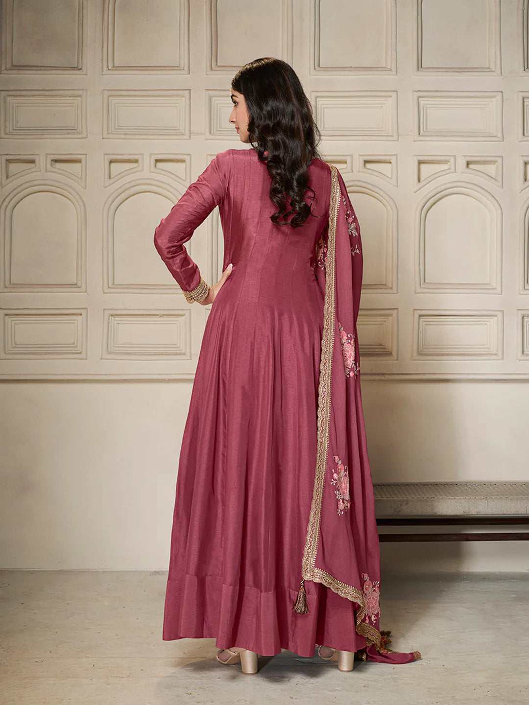Wine Dola Silk Anarkali Suit with Heavy Sequins Hand Embroidery
