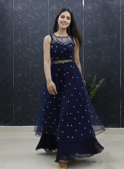 Navy Blue Pure Soft Net Silk Overcoat Lehenga Set
