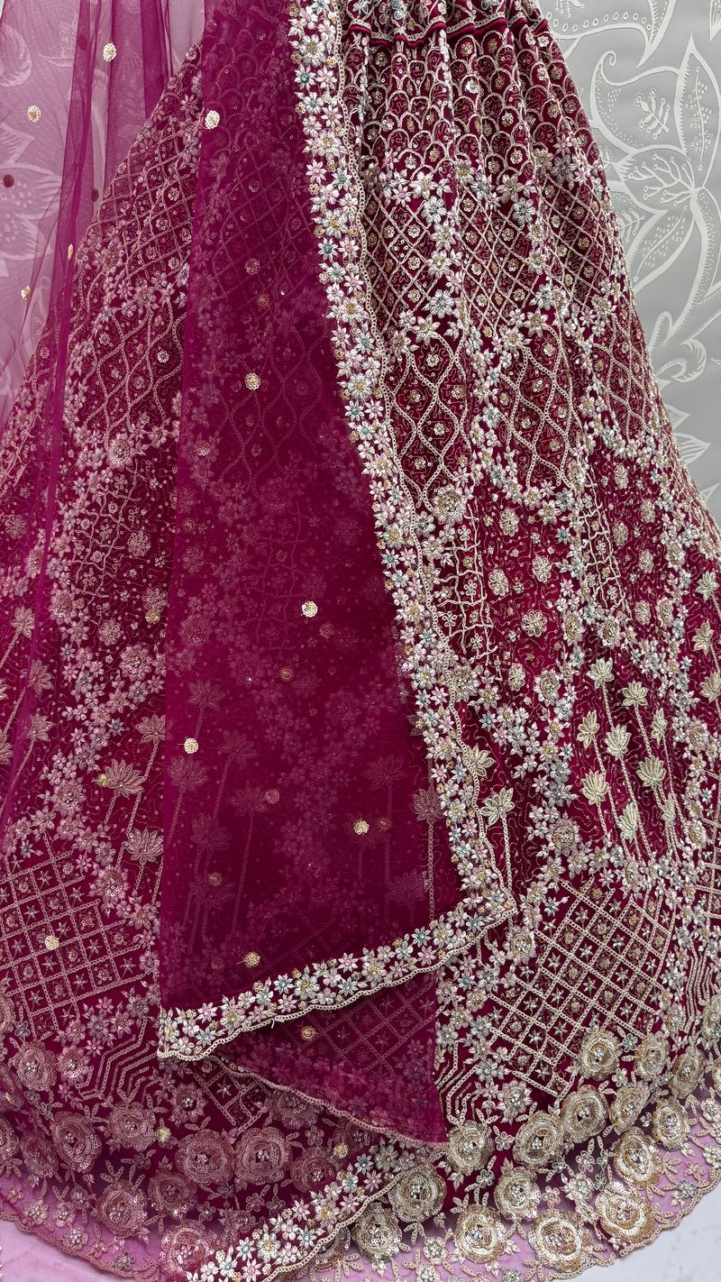 Raspberry Pure Soft Net Heavy Embroidery Work Bridal Lehenga