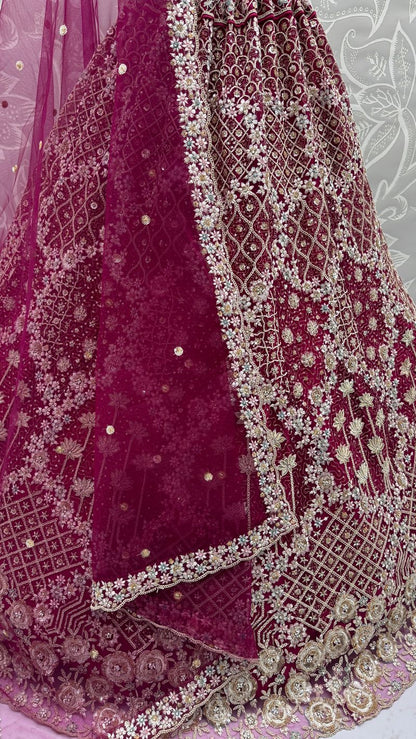 Raspberry Pure Soft Net Heavy Embroidery Work Bridal Lehenga