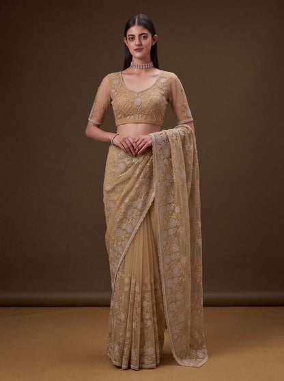 Gold Pure Premium Net Handwork Kasti &amp; Motif Zari Metallic Sequins Work Wedding Saree