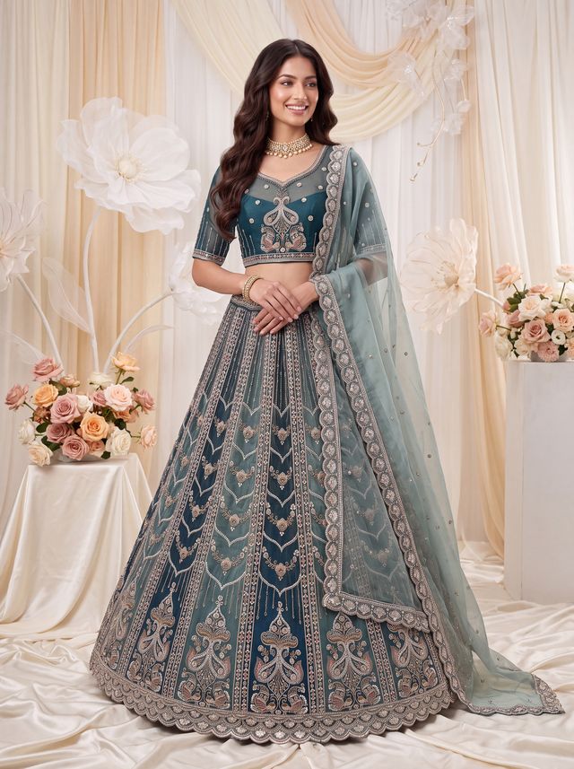 Teal Blue Pure Chandnia Silk Handwork Motif Peacock Pattern Crystal Beads Multi Thread Dori and Sequins Work Bridal Lehenga Choli