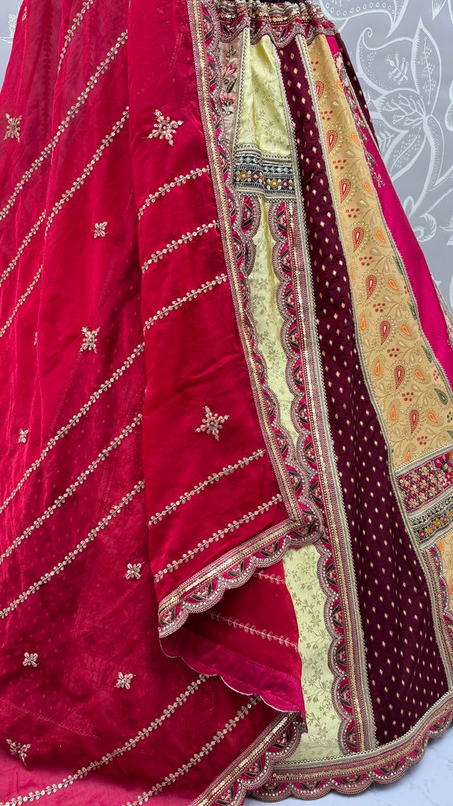 Multicolour Pure Soft Silk Heavy Embroidery Work Bridal Lehenga 