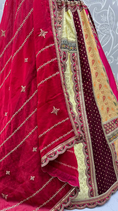 Multicolour Pure Soft Silk Heavy Embroidery Work Bridal Lehenga 