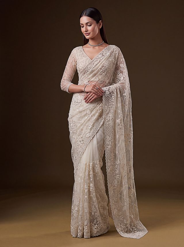 White Pure Premium Net Handwork Kasti &amp; Motif Zari Metallic Sequins Work Wedding Saree