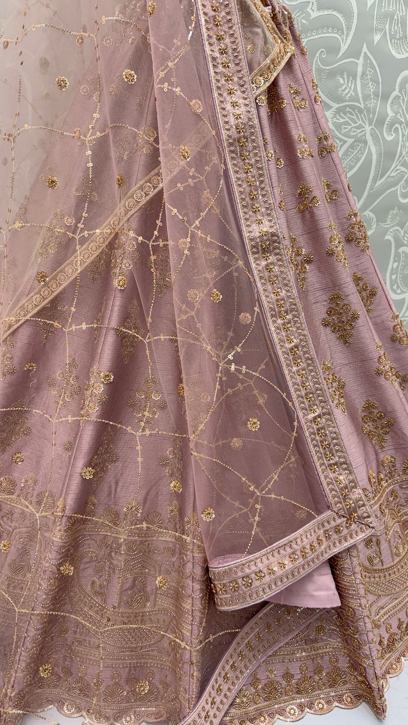 Powder Pink Pure Soft Heavy Silk Sequins Embroidery Work Bridal Lehenga 