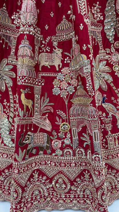 Red Pure Soft Multi Color Motif Multi thread Embroidery Sequins Work Bridal Lehenga Choli