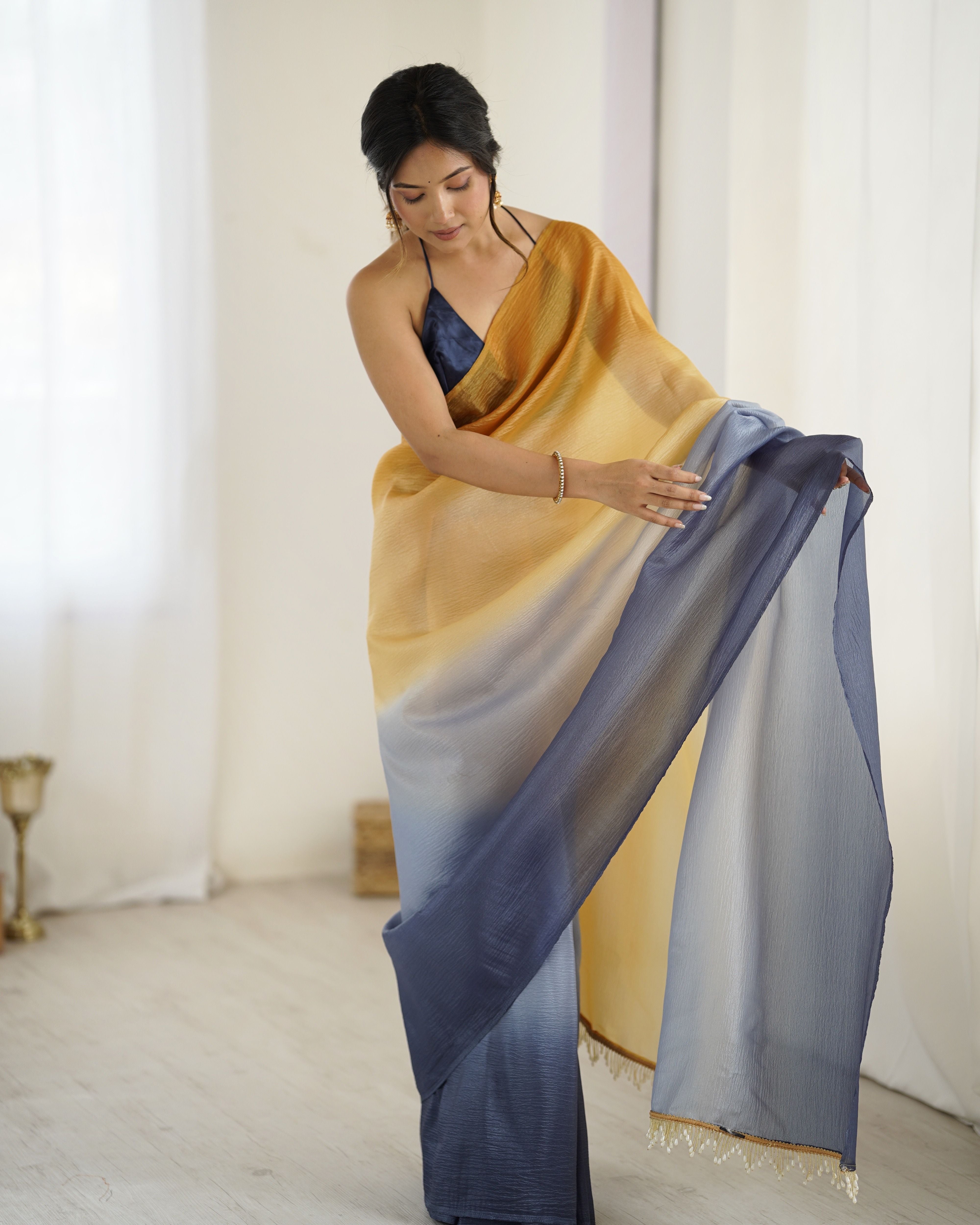 Yellow shaded Pure Soft Candy Crush Silk Ready to Wear Saree ##color## Ready to Wear Saree with premium fabric and embroidery