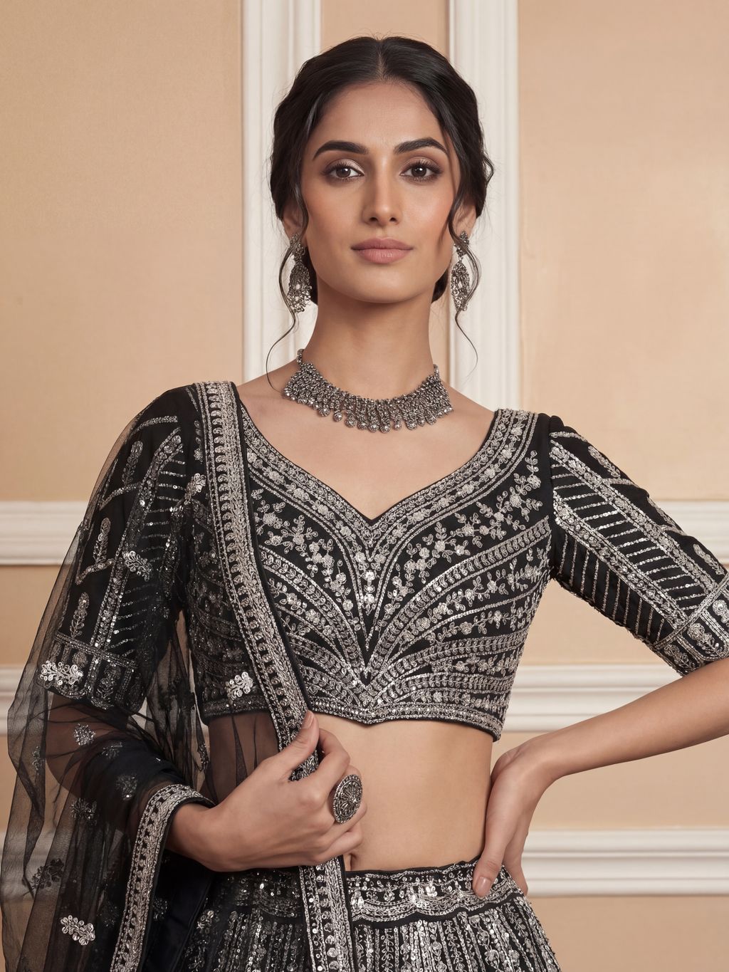 Black Pure Soft Net Heavy Embroidery Work Bridal Lehenga