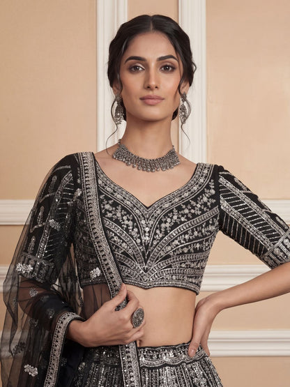Black Pure Soft Net Heavy Embroidery Work Bridal Lehenga