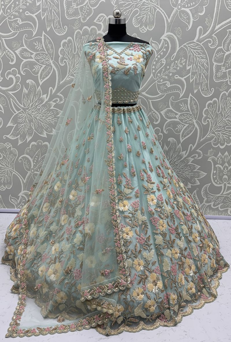 Sky Blue Pure Soft Net Heavy Embroidery Work Bridal Lehenga