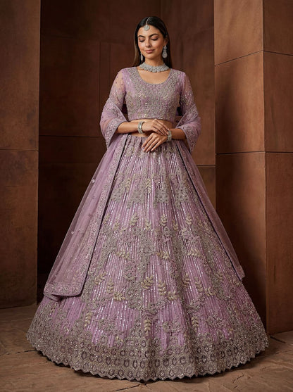 Purple Pure Soft Heavy Net Fancy Embroidery Work Bridal Lehenga Choli