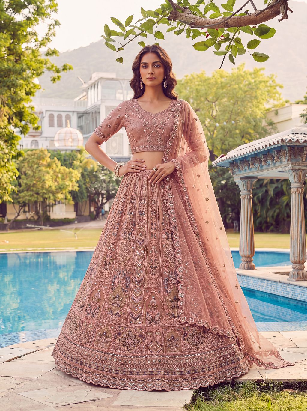 Peach Pure Soft Heavy Net Fancy Embroidery Work Bridal Lehenga Choli