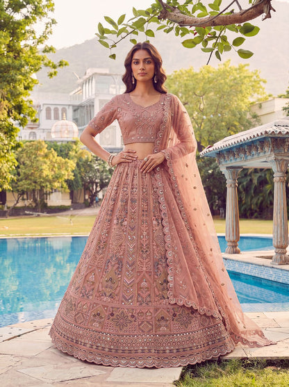 Peach Pure Soft Heavy Net Fancy Embroidery Work Bridal Lehenga Choli