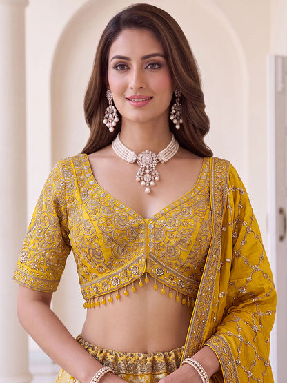 Royal Yellow Pure Banarasi Silk Zari Figure Pattern Weaving Work Bridal Lehenga Choli