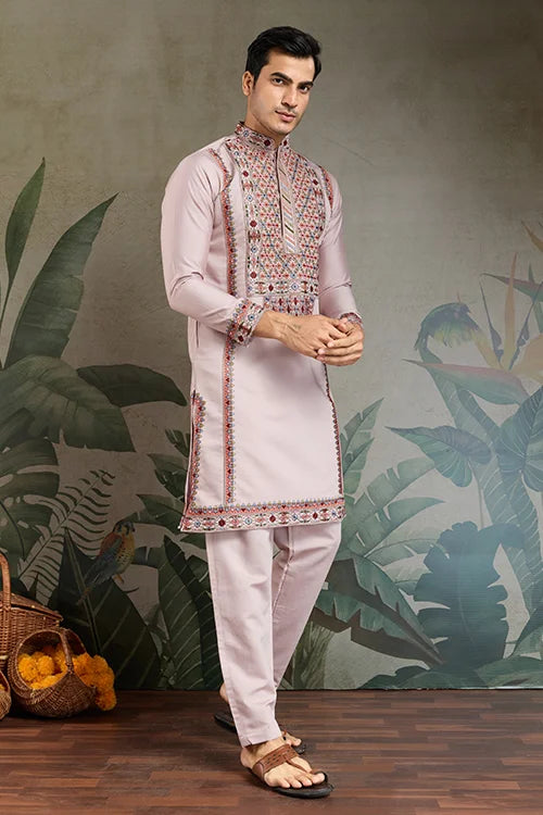 Dusty Pink Silk Embroidered Kurta Pajama for Men