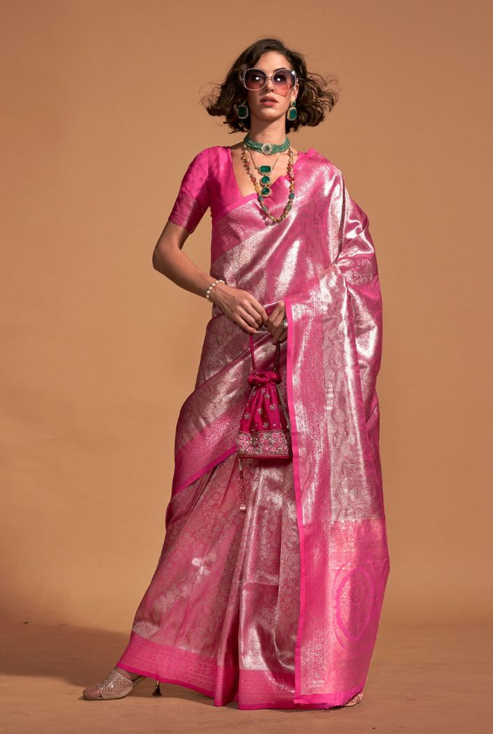 Mauvelous Pink Woven Kanjivaram Banarasi Silk Saree