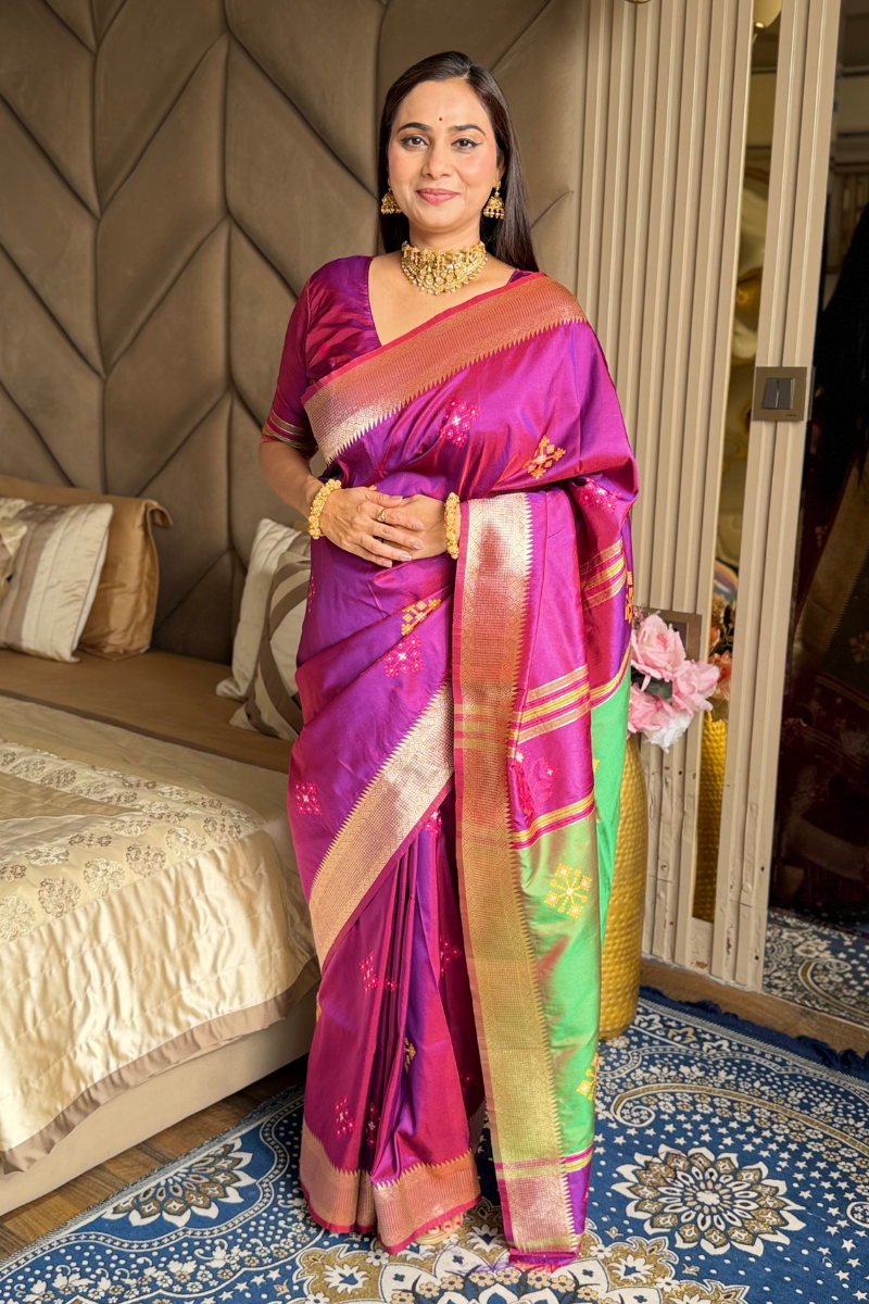 Magenta Soft Silk Ikkat Zari Patola Soft Silk Saree