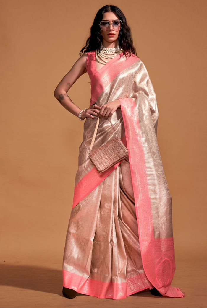 Pink and Cream Woven Kanjivaram Banarasi Silk Saree