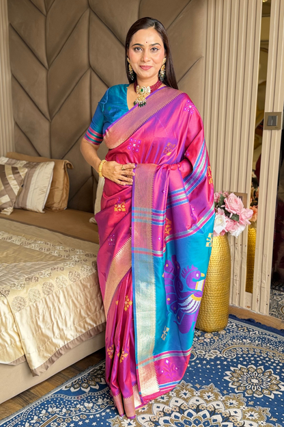 Wine Pink Soft Silk Ikkat Zari Patola Soft Silk Saree