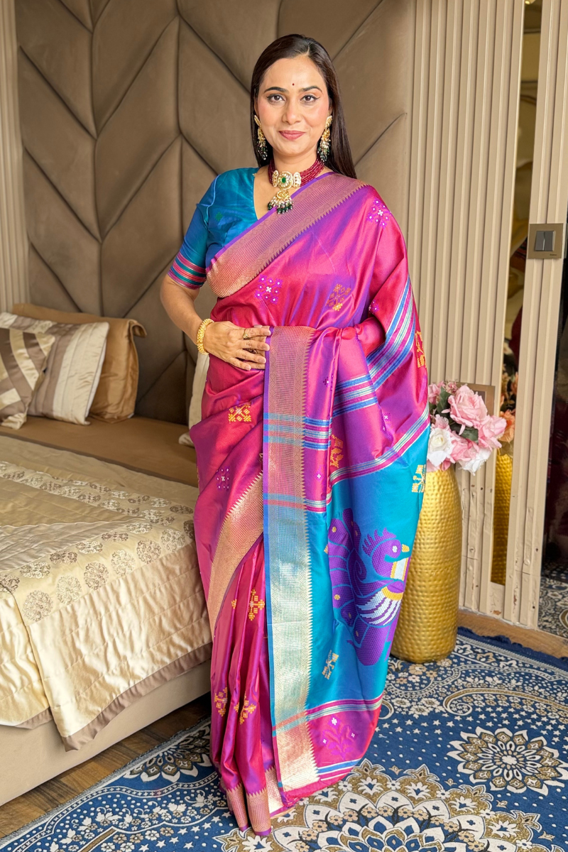 Wine Pink Soft Silk Ikkat Zari Patola Soft Silk Saree