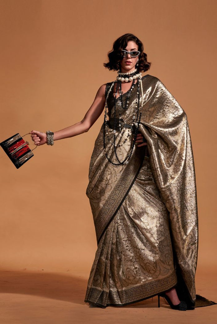 Silver Black and Brown Woven Kanjivaram Banarasi Silk Saree