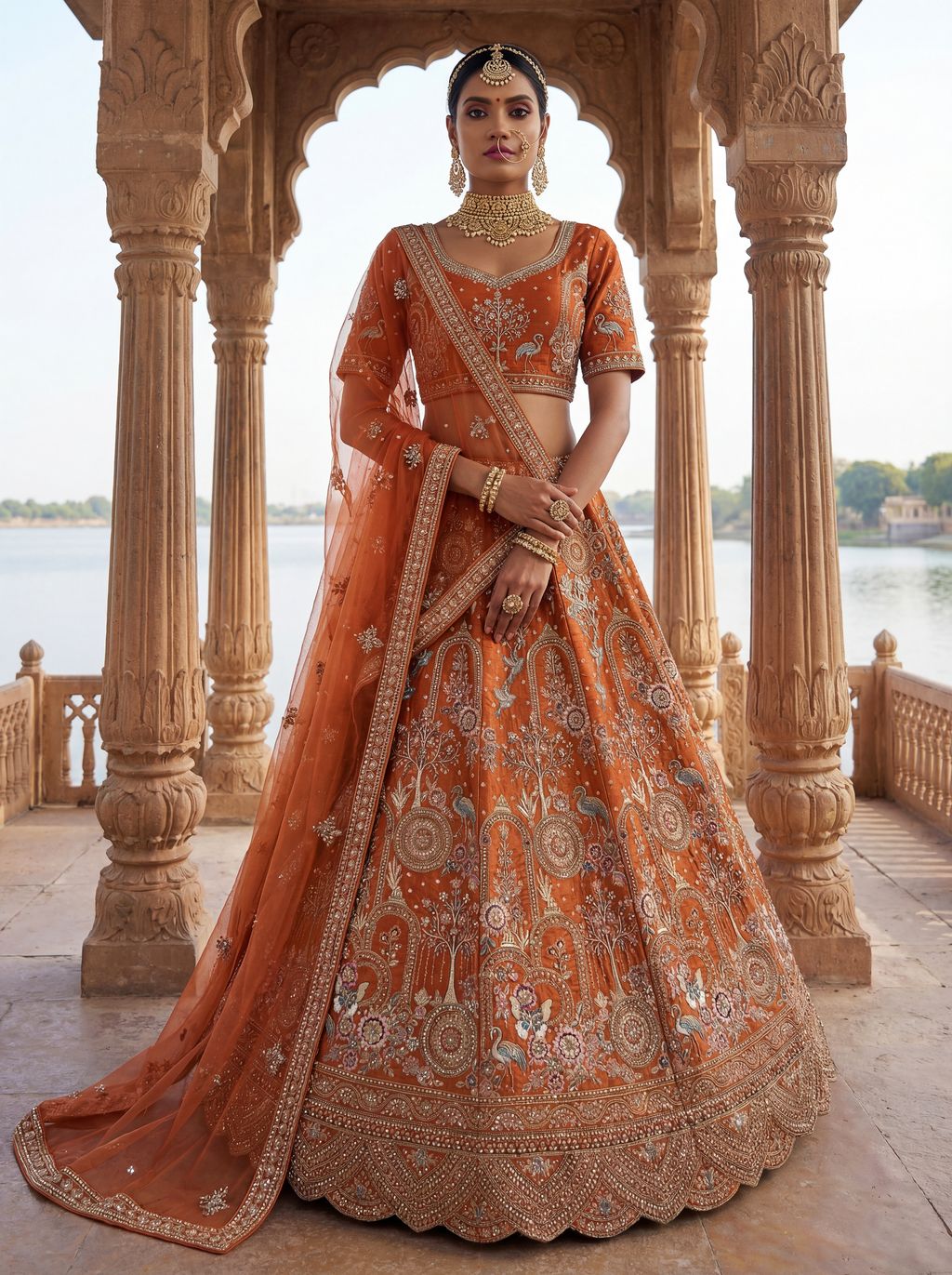 Orange Pure Soft Silk Heavy Embroidery Work Bridal Lehenga 