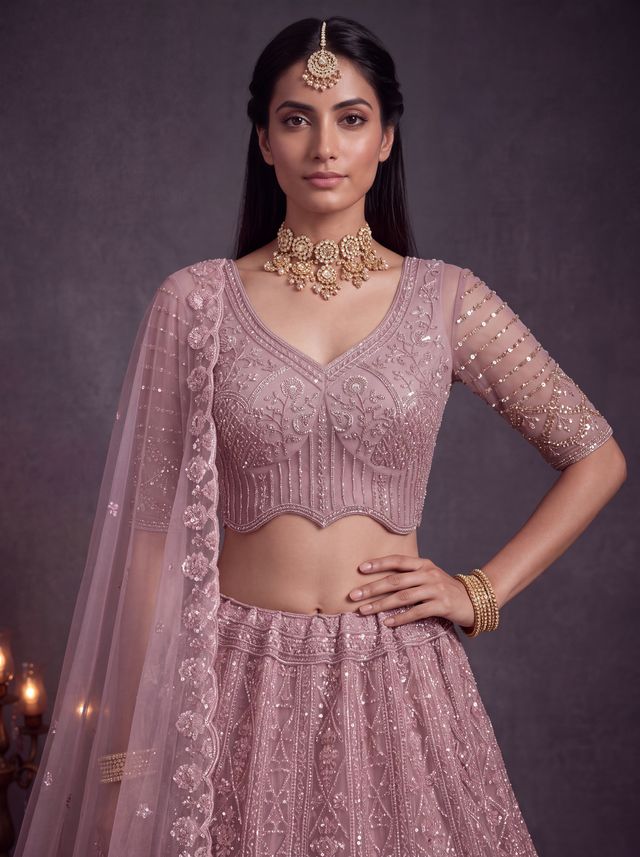 Pink Pure Heavy Net Motif Handwork Zari Sequins Work Bridal Lehenga Choli