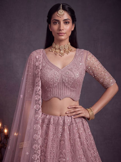 Pink Pure Heavy Net Motif Handwork Zari Sequins Work Bridal Lehenga Choli