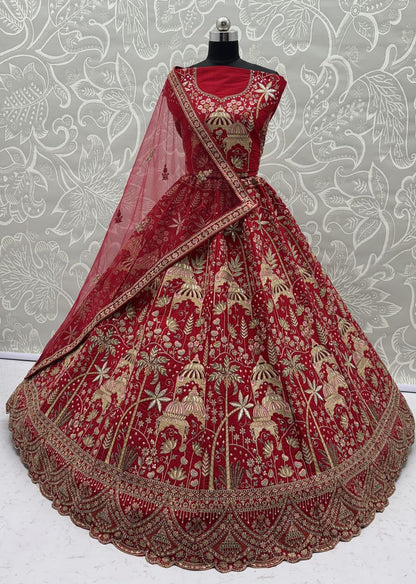 Red Pure Soft Silk Heavy Embroidery Work Bridal Lehenga 