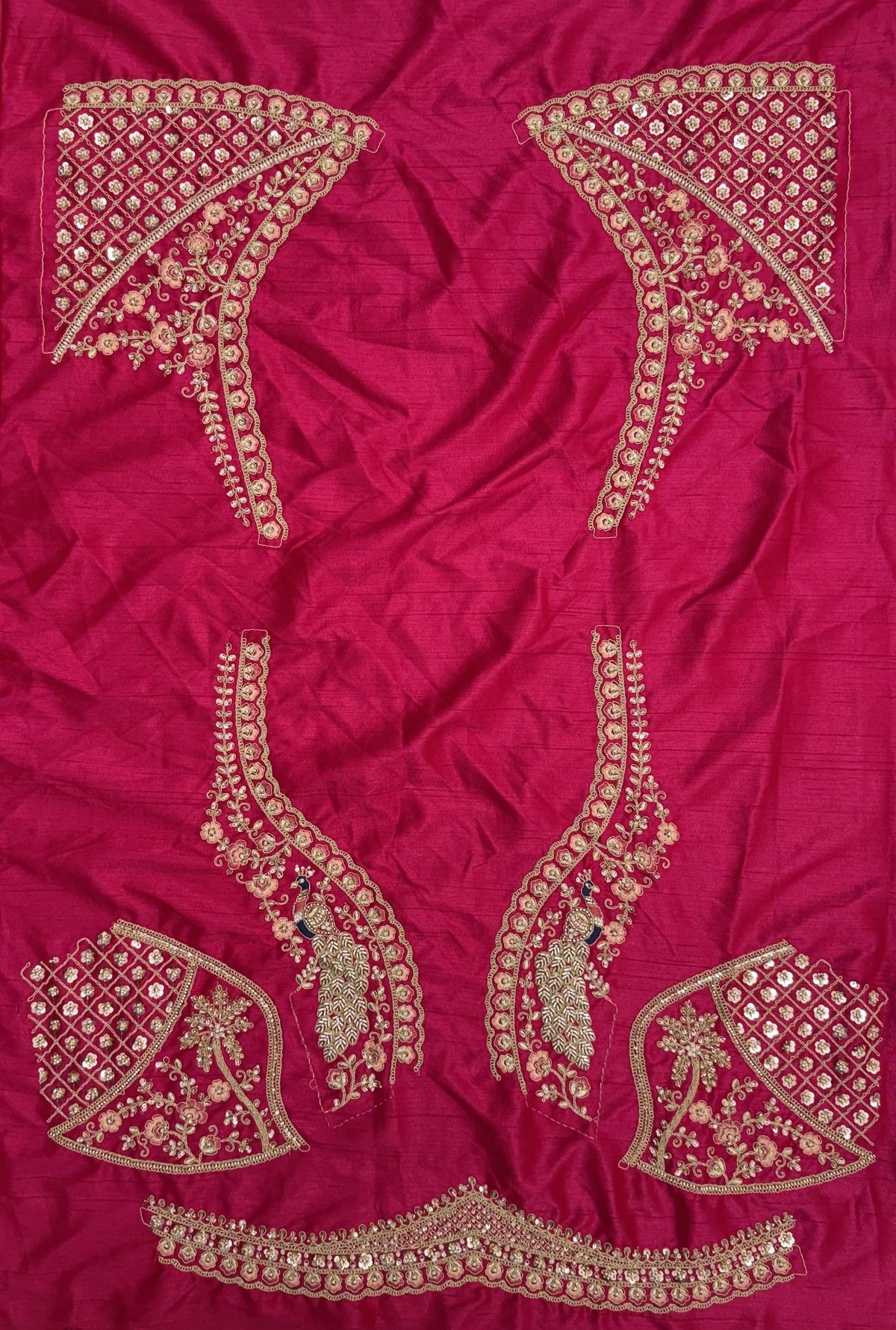 Red Pure Premium Gharwal Siik Peacock &amp; Giraffe Thread &amp; Zari Handwork Crystal Motif 
Sequins Work Bridal Lehenga Choli