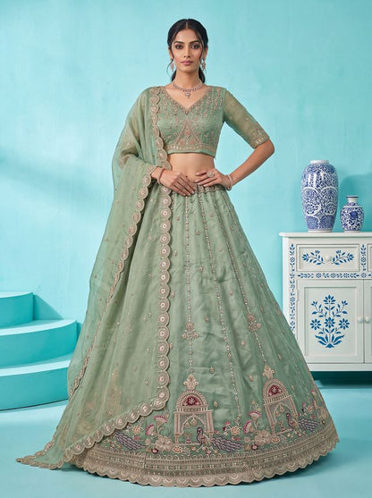 Pista Pure Chandnia Silk Handwork Motif Peacock Pattern Crystal Beads Multi Thread Dori &amp; Sequins Work Bridal Lehenga Choli