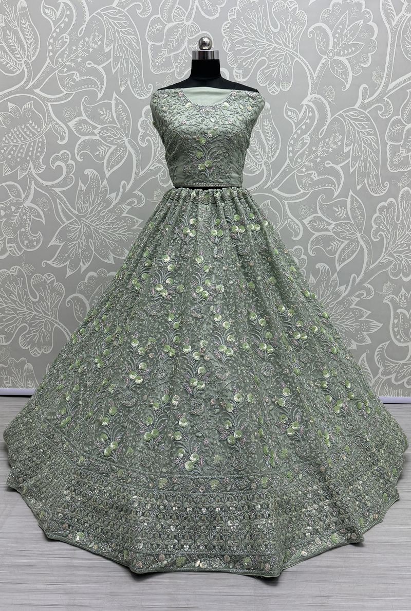 Pista Pure Soft Net Heavy Embroidery Work Bridal Lehenga 