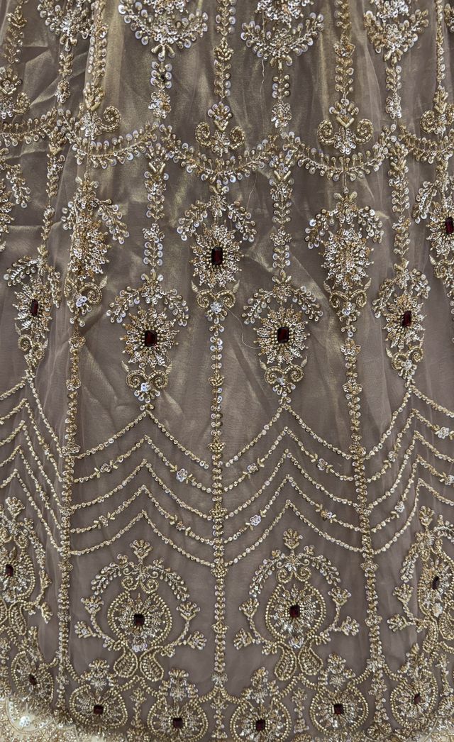 Beige Coppe Pure  Fendi Tussaud Silk Crystal Beads work Multi Thread Dori and Sequins Work Sequins Work Bridal Lehenga Choli