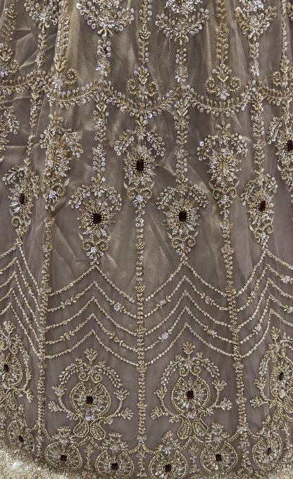 Beige Coppe Pure  Fendi Tussaud Silk Crystal Beads work Multi Thread Dori and Sequins Work Sequins Work Bridal Lehenga Choli