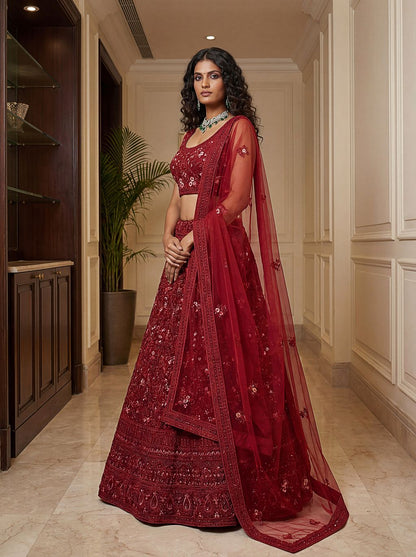 Red Pure Soft Heavy Net Sequins Embroidery Work Bridal Lehenga