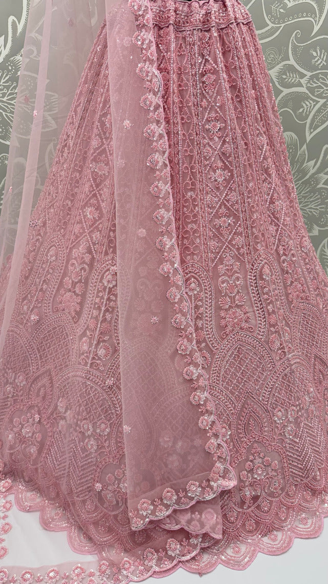 Pink Pure Heavy Net Motif Handwork Zari Sequins Work Bridal Lehenga Choli