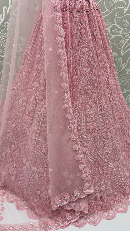 Pink Pure Heavy Net Motif Handwork Zari Sequins Work Bridal Lehenga Choli