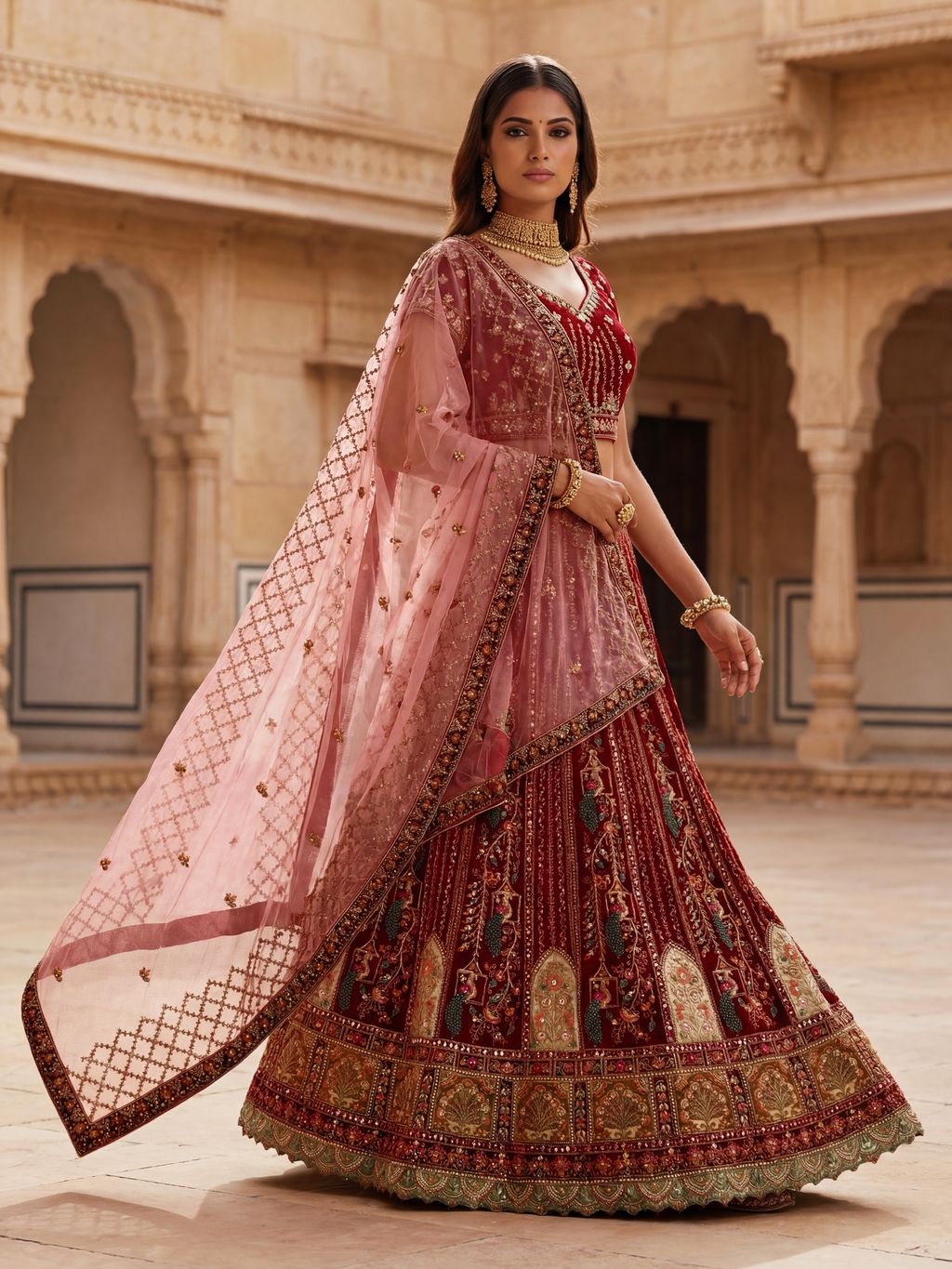 Red Pure Soft Velvet Heavy Embroidery Patch Work Bridal Lehenga